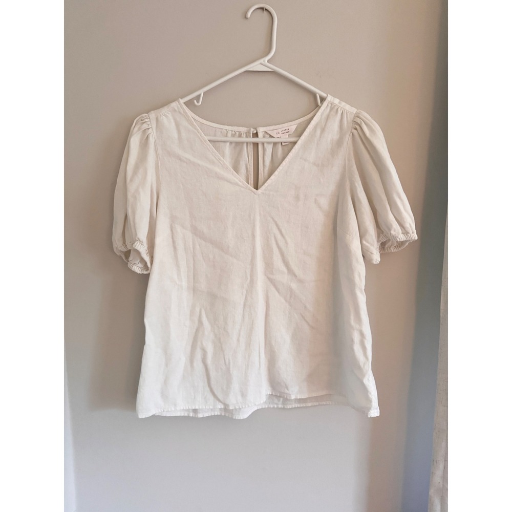 LC Lauren Conrad White Linen Blend Puff Sleeve V-Neck Blouse Top Small
